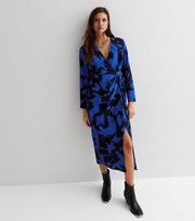 New Look Blue Abstract Print Wrap Over Midi Shirt Dress